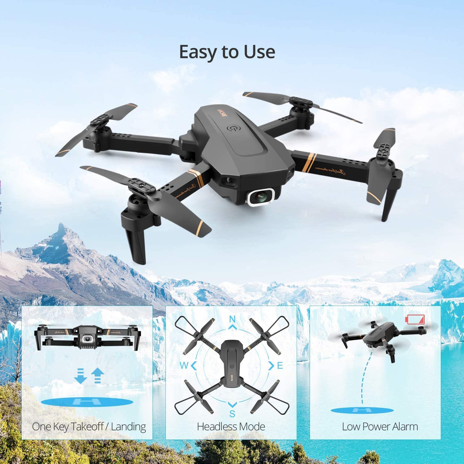 4DRC V4 Foldable Drone with 1080p HD Camera for Adults and Kids Trajectory Flight Altitude Hold and 2 Modular Batteries Quadcopter with Wide Angle FPV Live Video App Control,Optical Flow 